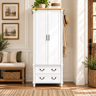 31.5" W 2-Door Wardrobe Armoire with Hanging Rod, 2 Drawers & 6 Side Hooks