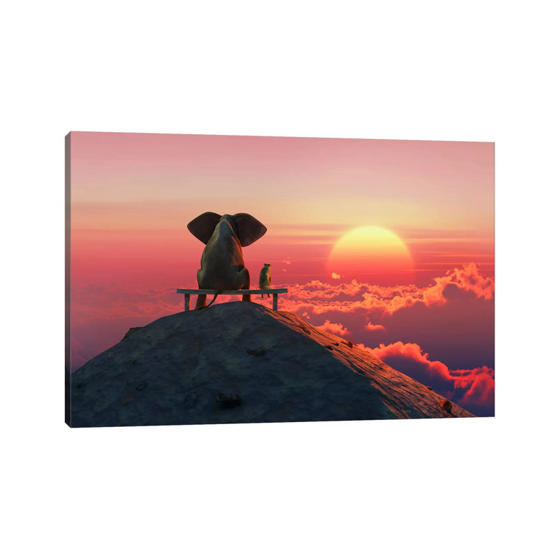 Elephant And Dog Sit On A Mountain Top At Sunset by Mike Kiev - Wrapped Canvas Print, 30.48 cm H x 45.72 cm W