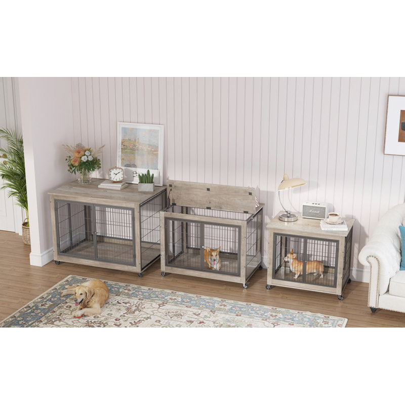 Table d'appoint à roulettes pour chien avec deux portes et un plateau relevable, H 31,02 po x l 43,62 po x P 30,13 po, Gris