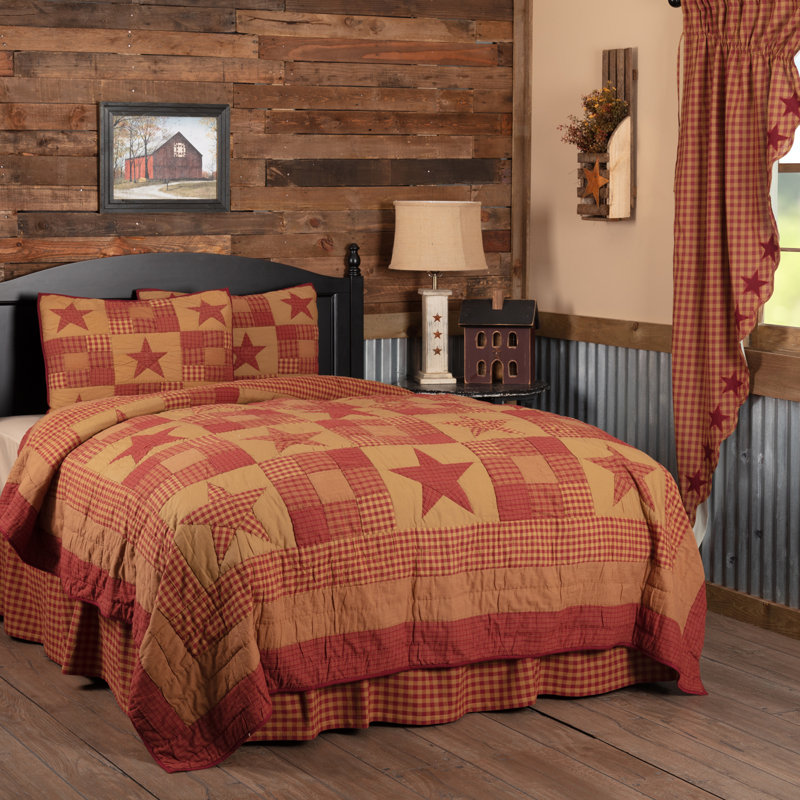 Ninepatch Star Cotton Patchwork Quilt, Queen Quilt + 2 Shams