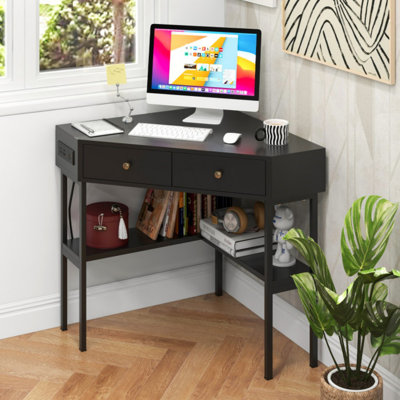 Triangle Corner Desk With Charging Station With 2 Drawers And Storage Shelf