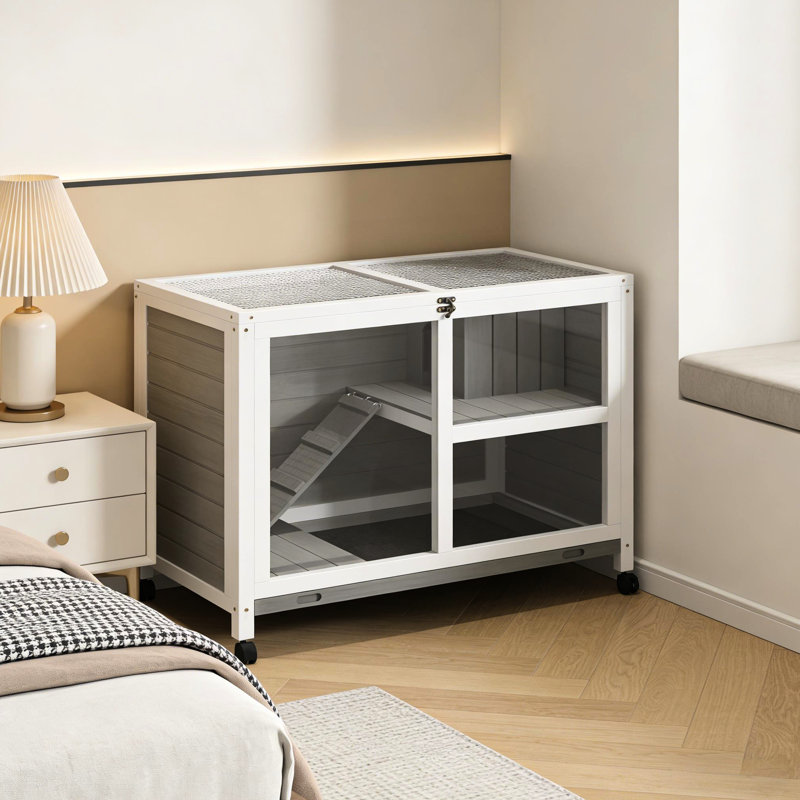 Petit lapin sur roues, portable et peu encombrant, murs imperméables, haute visibilité, loquet facile d'accès, cage grise ou blanche avec toit compact, avant, ouvert, coffre-fort pour les lapins, ouvert