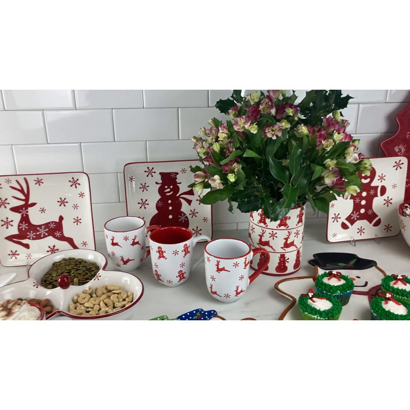 Winterfest Ceramic 12oz Christmas Mugs Set of 4, Red and White