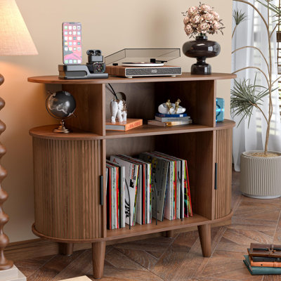 Round Record Player Stand With Charging Station, Turntable Stand Table With Open Storage, Audio Rack