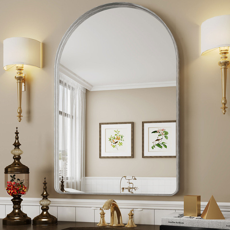 Miroir de salle de bain arqué avec miroir mural pour salle de bain, 36 po x 24 po, Argent argent