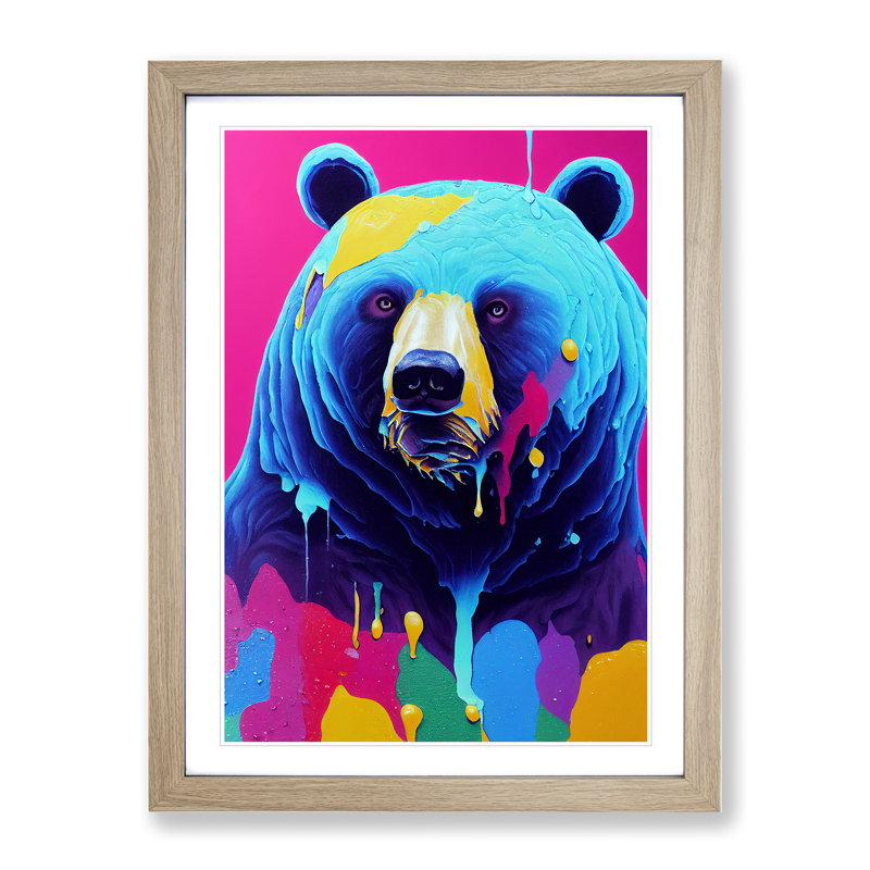 Colourful Bear No.4 - Wall Art, 66cm H x 48cm W x 2cm D, Oak Framed, White