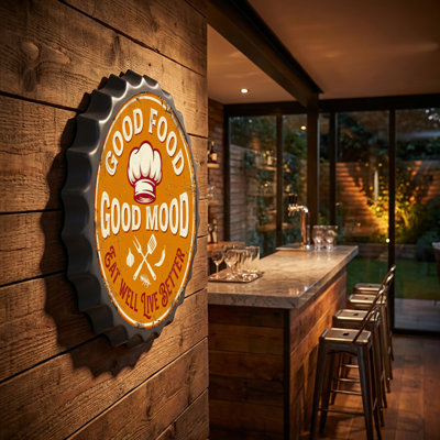 Good Food Good Mood Eat Well Live Better Capsule de bouteille, plaque métallique, plaque murale, décoration murale rétro, 13,8 x 13,8 pouces