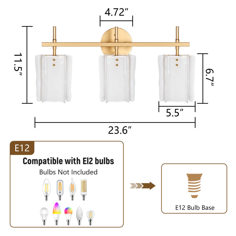 Meuble-lavabo 3 lumières en verre doré à volants en duvet blanc et antirouille 23,6 po
