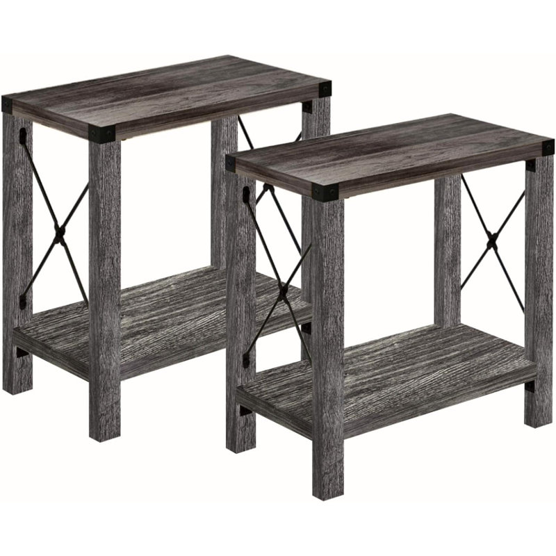 Gray Rustic X-Design MDF End Table Set with Storage Shelf