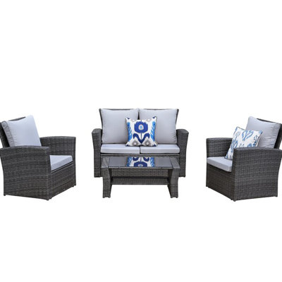 Mobilier d'extérieur - 4 pièces avec coussins gris. Acier, résistant aux intempéries. Crée un cadre de patio en acier Pe 4 Idéal pour la terrasse, le bord de la piscine ou le jardin