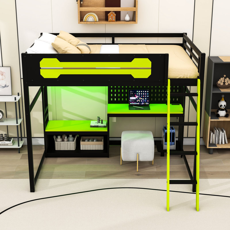 Lit mezzanine double avec station de charge, bureau, tablettes de rangement, panneau perforé et éclairage DEL, Noir/vert