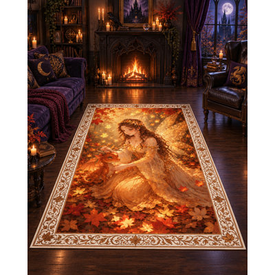 Tapis « Ultra Fin » 152 x 213 cm (5 pi x 7 pi) à motif de fées d'automne et de feuilles mortes, idéal pour la chambre, le salon et le bureau à domicile. Tapis doux à poils courts avec envers antidérapant en silicone.