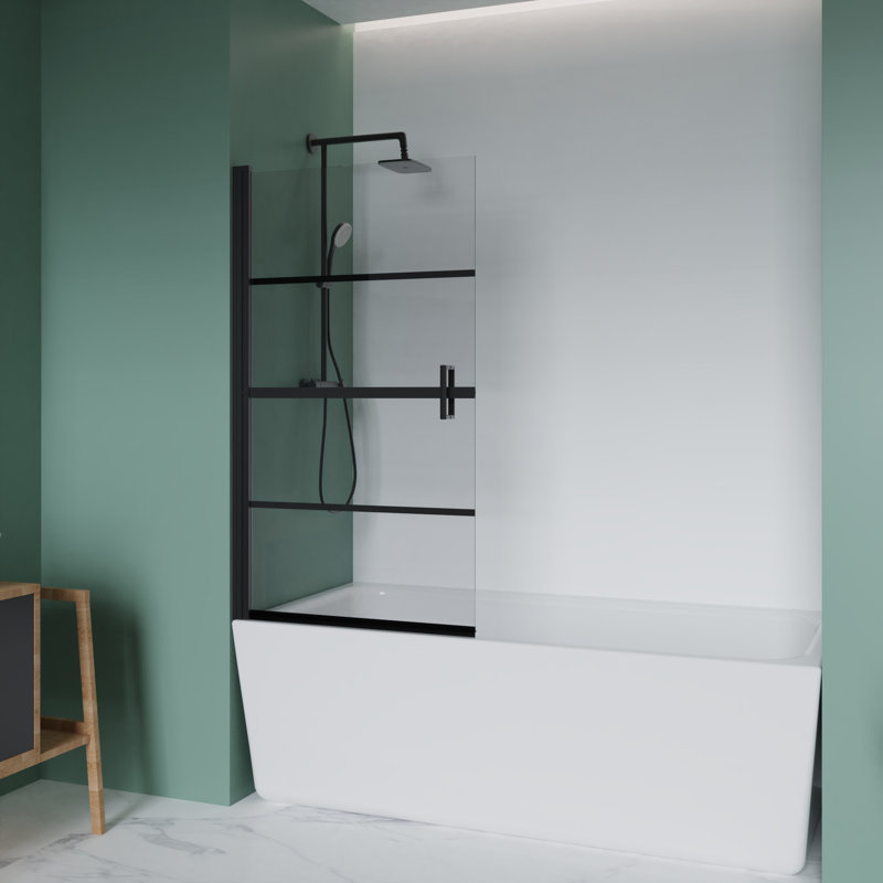 Porte de baignoire pivotante sans cadre H 55 po x l 31,5 po avec verre trempé 1/4 po et quincaillerie noir mat