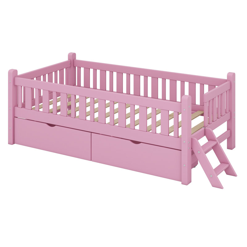 Lit plateforme en bois avec garde-corps et 2 tiroirs, Rose
