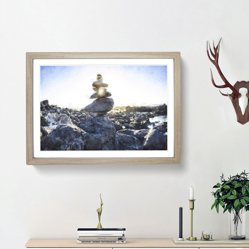 Rock Cairns with Sunlight - Framed Print, 62cm H x 87cm W x 2cm D, Oak Framed
