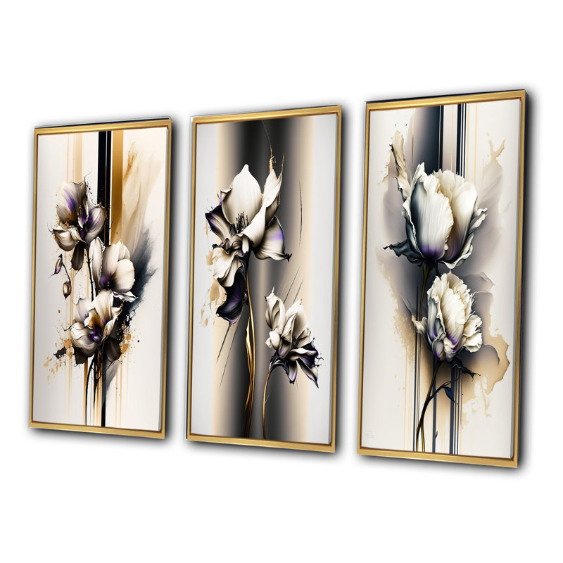 "Fleur d'orchidée blanche sur peinture beige doré", 3 pièces sur toile, H 28 po x l 36 po, Cadre flottant doré