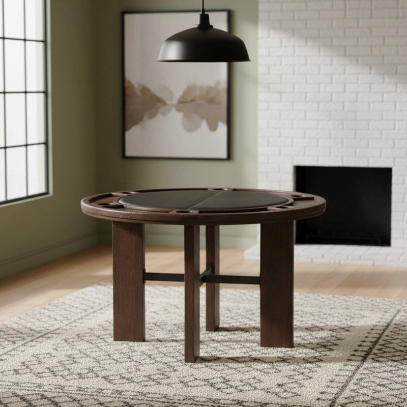 Table de salle à manger et de jeux au fini noyer avec insert en similicuir noir