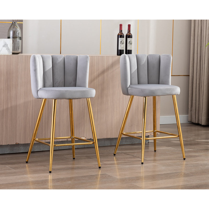 Latefa Upholstered Counter Stool with Metal Frame, Gray Fabric/Gold Frame