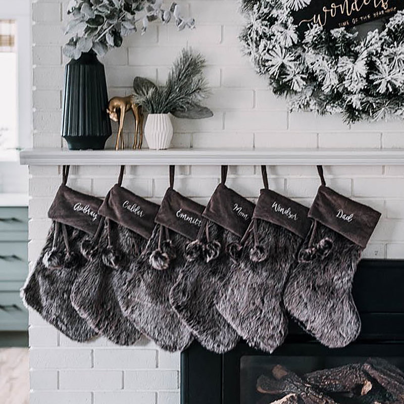 Embroidered Grey Faux Fur Christmas Stocking, Yes