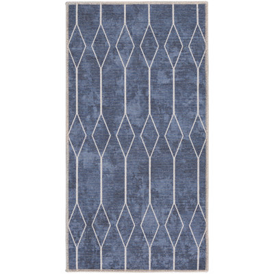 Pymble Geometric Machine Washable Area Rug in Navy Blue