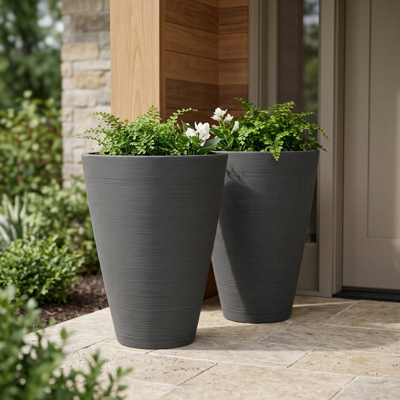 Taio 14" Ribbed Round Composite Planter Set, Charcoal, 14" H x 11.4" W x 11.4" D