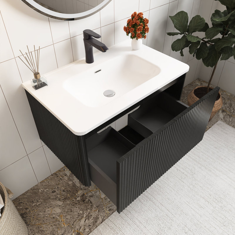 Meuble-lavabo flottant mural 30 po avec lavabo en céramique blanche