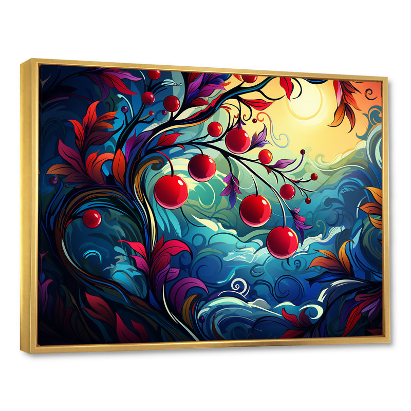 Cerisier rouge et bleu coucher de soleil - art mural cerise, Cadre flottant doré, H 34 po x l 44 po x P 1,5 po