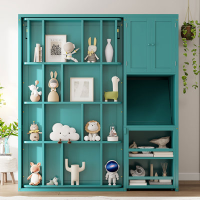 Lit escamotable mural simple sarcelle avec bibliothèque, armoire, bureau et rangement Teal