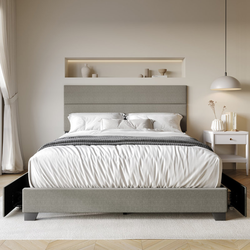Upholstered Storage Platform Bed, Light Gray, Queen