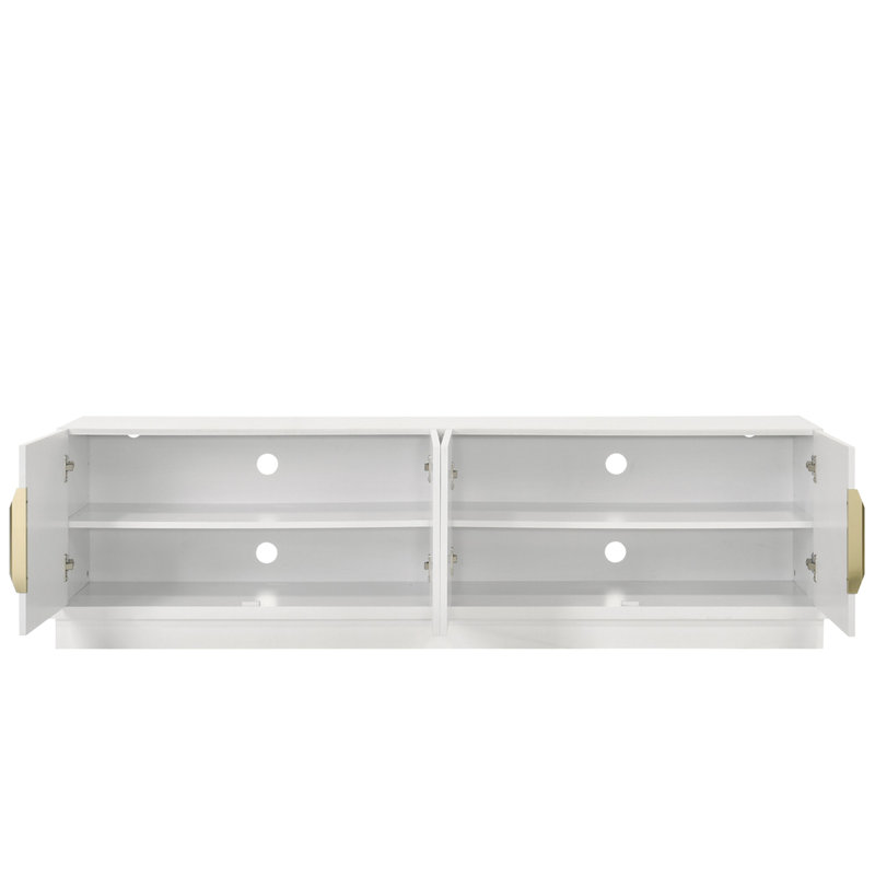 Meuble télé blanc de 70 po avec 4 portes, tablette réglable et système anti-retour. Console à 4 portes, tablette, rangement pratique.