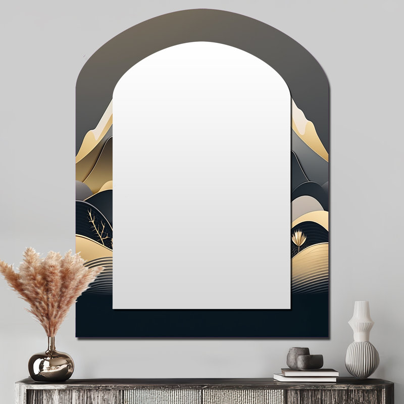 Dreamy Golden Mountain II - Large Arched Wall Mirror On Metal, 43" x 33"