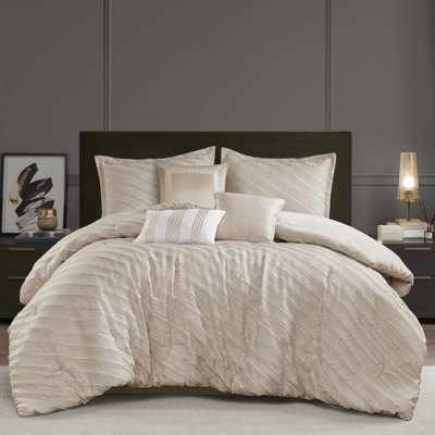 7 Pcs, Beige, Queen Comforter , Diagonal , All - Season Comfort, , Luxury Bedding Ensemble, Bed Skirt 15 Inch Drop Beige Pcs Featuring Pattern, , Fill, And Decorative Pillows
