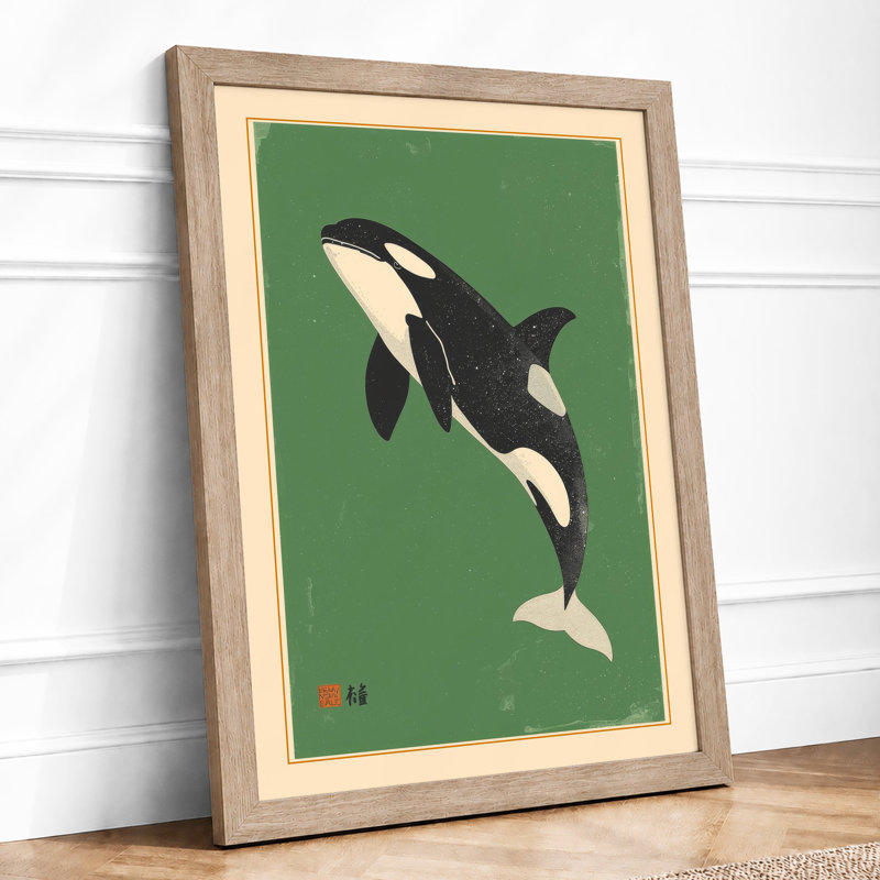 Leaping Whale Japandi - Framed Print, Oak, A4 - 29.7 x 21.0 cm