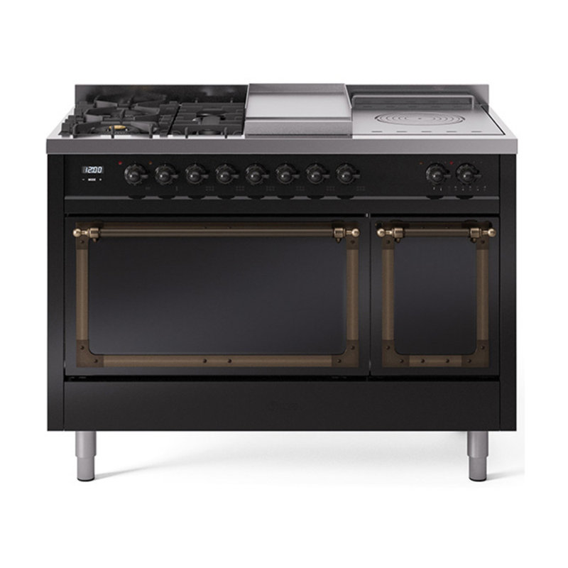 ILVE Nostalgie II Noblesse 48 in Dual Fuel Range, 5 Burner, Griddle, Frenchtop, Natural Gas, Glossy Black/Burnished