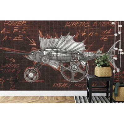 Steampunk Mechanical Fish Gears Wall Mural, Industrial Blueprint Wallpaper for Home Decor