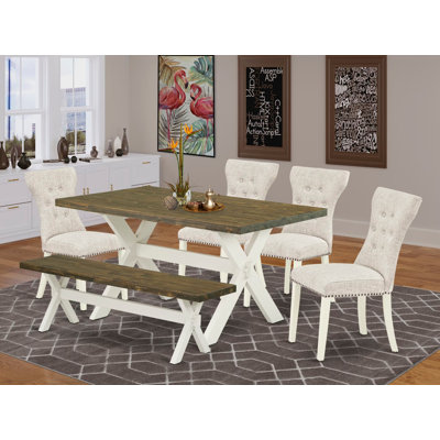 L'ensemble de table de salle à manger 6 pièces contient une table de salle à manger rectangulaire avec des pieds en X et 4 chaises Parson en tissu de lin avec un banc, en lin brossé blanc