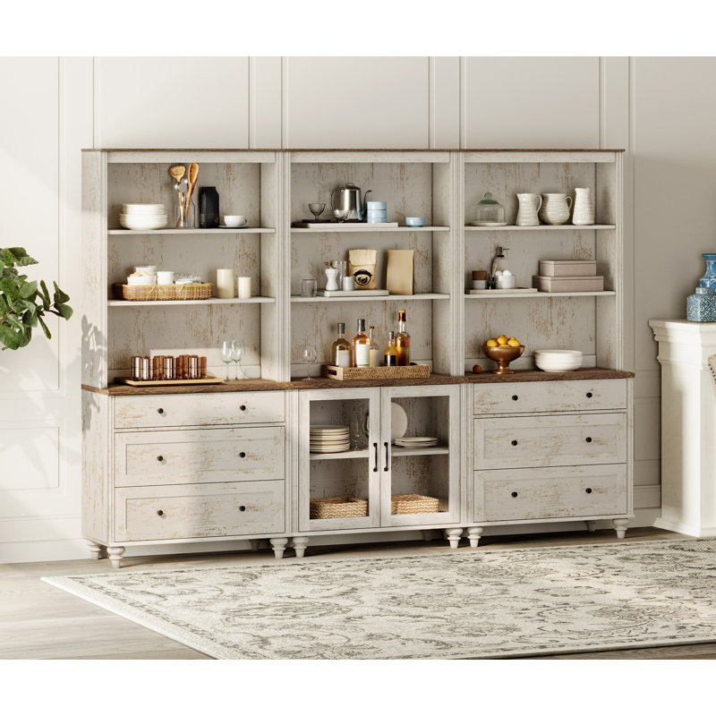 72.1"H X 101.6"W Bookcase With Drawers And Glass Doors, Tall Book Case With Open Book Shelfs, Large Wood Bookcases Farmhouse Bookshelves For Living Room Bedroom Home Office Kitchen, 72''