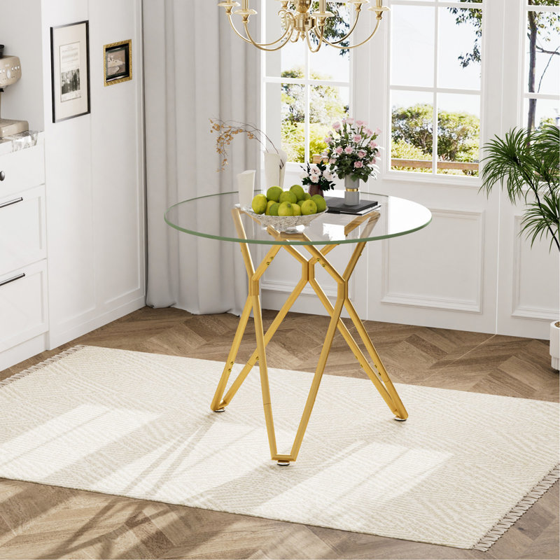 Table de salle à manger ronde en verre trempé de 35,4 pouces, convenant à 1 à 4 personnes, petite table de salle à manger de cuisine peu encombrante, équipée de pieds en métal robustes, convenant à la salle à manger, au salon, à l'or