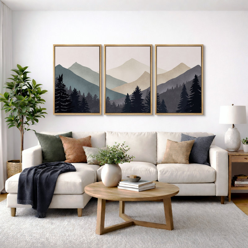 Sun Mountain Landscape "Abstract Neutral Forest Artwork, Simple Modern Minimalist Wall Pictures, Large Framed Canvas Giclee Print 3 Pieces Wall Art"