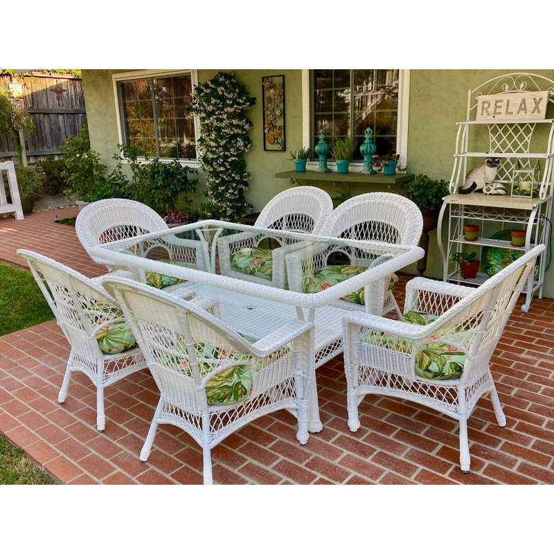 Ensemble repas 7 pièces avec coussin Camacho, Blanc, Sunbrella bleu marine
