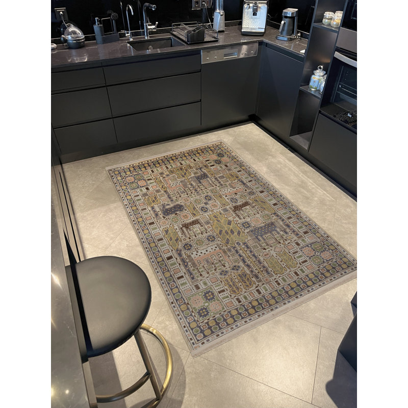 Tapis décoratif rétro à motif traditionnel beige, Rectangle 4 pi 11,06 po x 9 pi 10,11 po