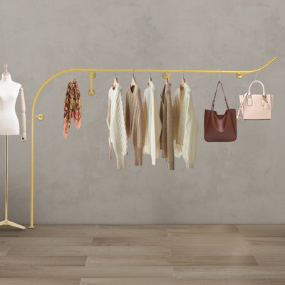 98.4" Modern Gold Metal Wall-Mounted Three-Point Support Hanging Display Clothes Garment Rack