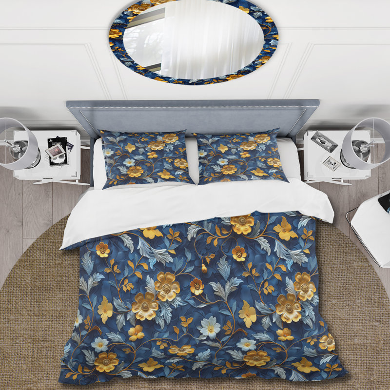 Ensemble de housse de couette Gold Blue Flowers Serenity - Flowers, Housse de couette très grand et 2 très grandes t