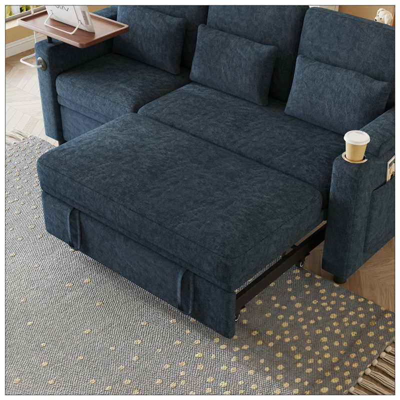 Canapé-lit 3 personnes pliable 3-en-1 avec table, ports USB et accoudoirs de rangement, tissu chenille de haute qualité