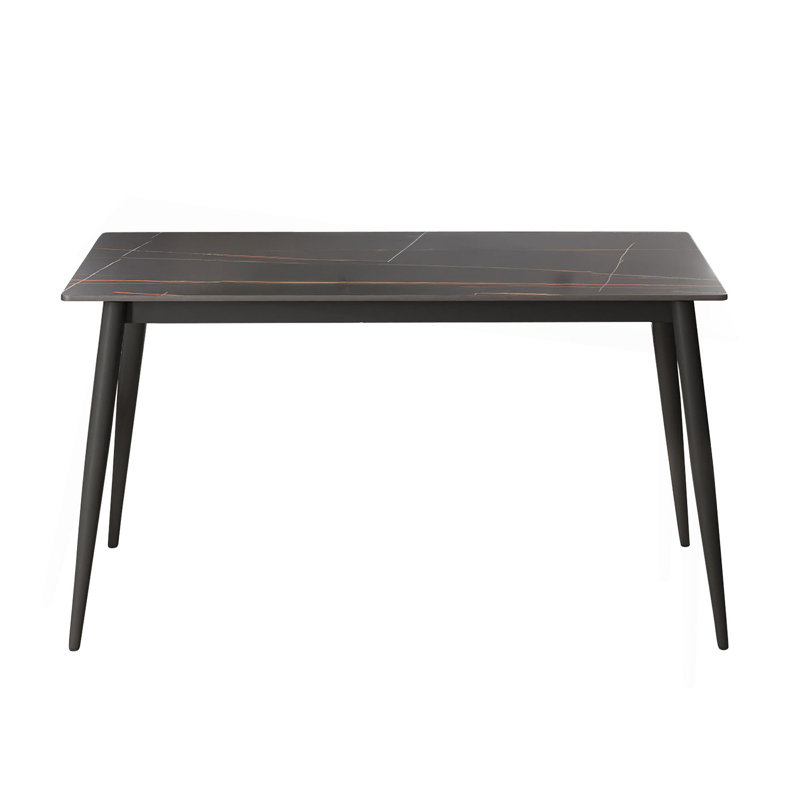 Table de salle à manger 55,12 po en pierre artificielle noire moderne avec rebords droits et pieds en métal noir pouvant accueillir 6 personnes (table de salle à manger seulement)