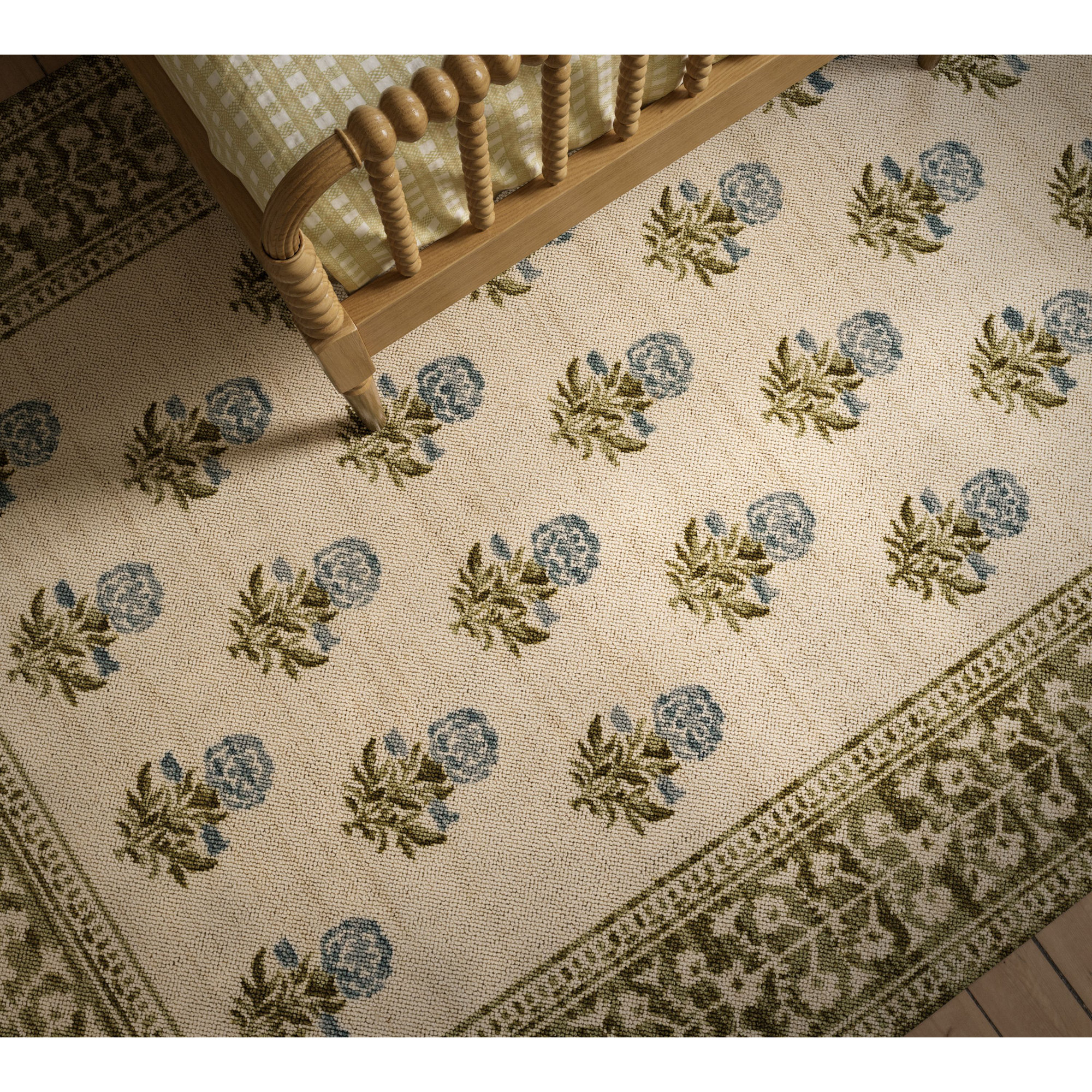 Anders Traditional Floral Wool and Nylon Green Area Rug, Runner 2'3" x 7'6"
