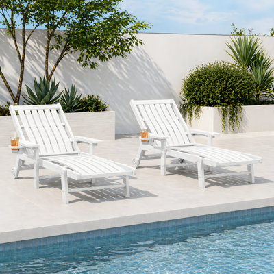 Pakkdiarie Outdoor HDPE Adjustable Reclining Chaise Lounge Chair With Wheels & Cup Holder (Set of 4)