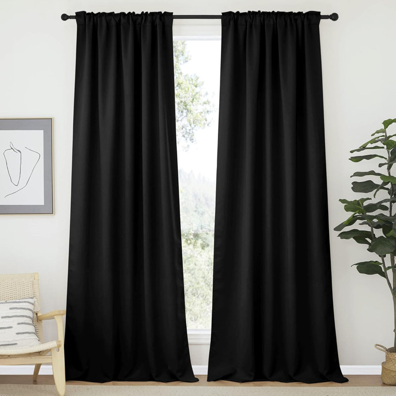 Blackout Curtain Light & Noise Reducing Room Darkening Drapes for Bedroom/Living Room/Kitchen, 2 Pieces, 52" W x 95" L, Black