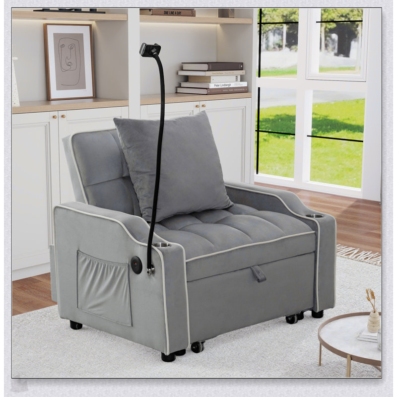 Chaise convertible simple, canapé-lit futon en velours 3 en 1 avec support pour téléphone et ports USB, fauteuil inclinable réglable pour les petits espaces
