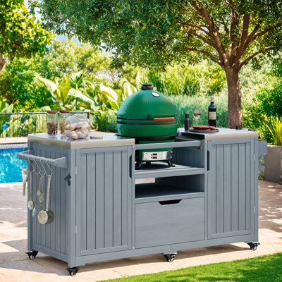 Outdoor Kitchen Island With Stainless Steel Top, 1 Drawer, Storage Shelves, Sturdy Spice Rack, Paper Towel Rack, 5 S-hook Hangers, And A Bottle Opener